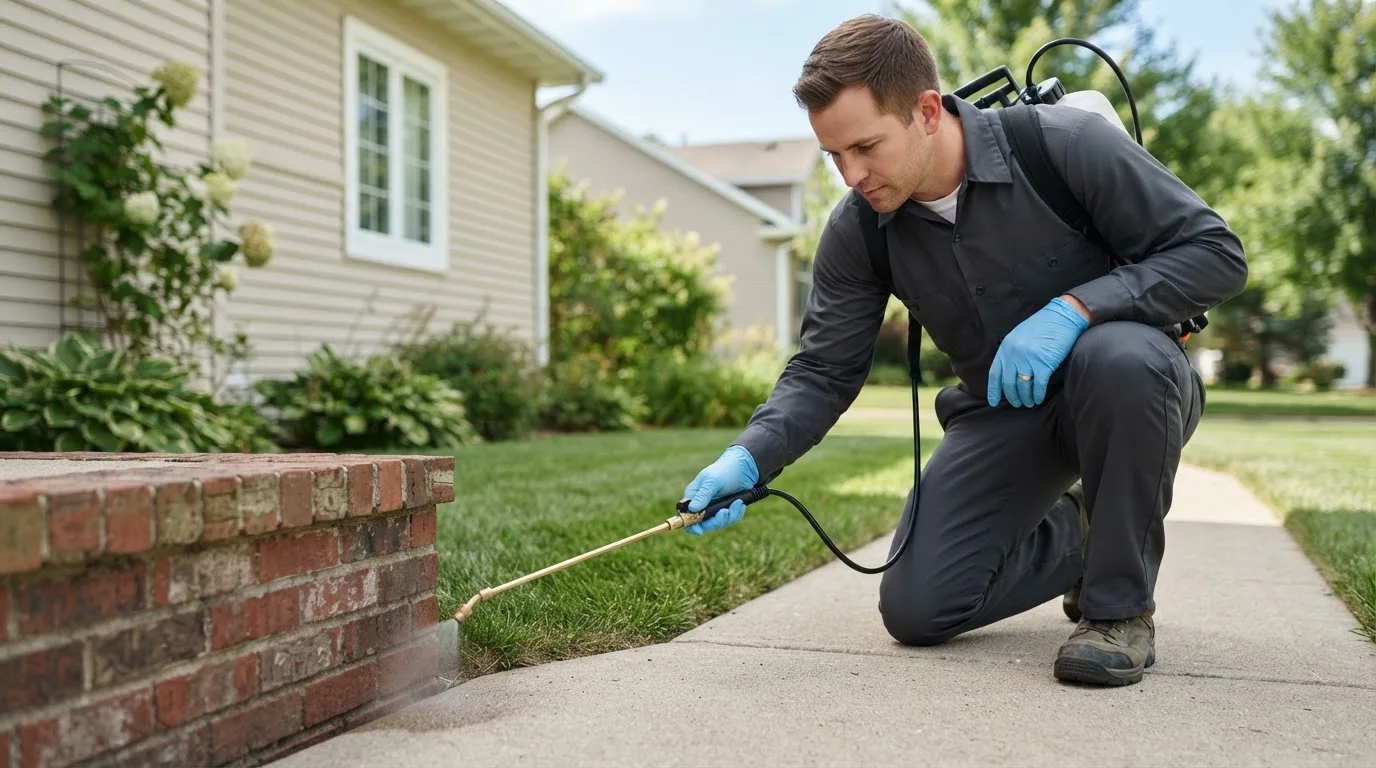 Pest control technician treating a home near Manhasset, NY